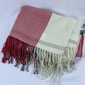 Pottery Barn Throw Blanket Scarf Acrylic Plaid Red Black Beige Fringe 50" x 60"